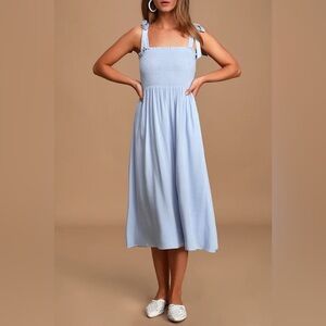 Lulus Looking Up Light Blue Smocked Tie-Strap Midi Dress